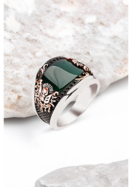 ​Gümüş Özel Kesim Yeşil Akik Osmanlı Armalı Erkek Yüzük