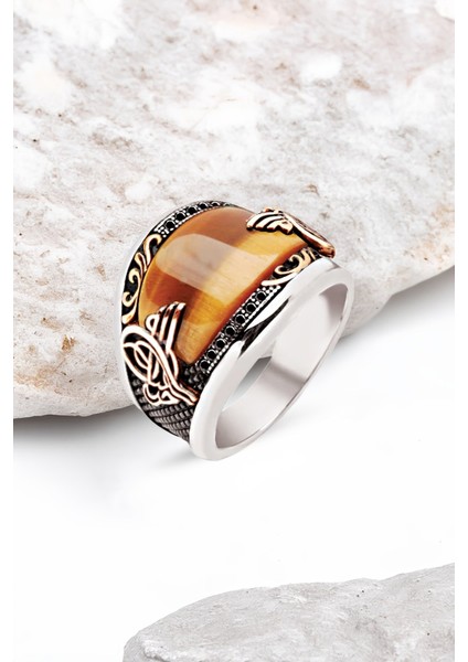 ​​Gümüş Özel Kesim Kaplan Gözü Taşlı İşlemeli Erkek Yüzük