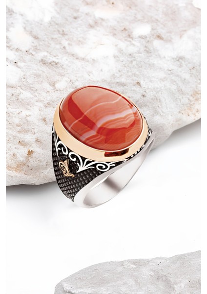 ​Gümüş Özel Kesim Akik Taşlı Osmanlı Tuğralı Erkek Yüzük