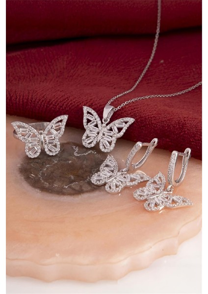 925 Ayar Gümüş Rodyumlu Zirkon Süslemeli Baget Kelebek Bayan Takı Seti