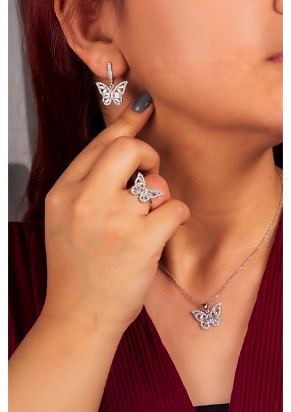 925 Ayar Gümüş Rodyumlu Zirkon Süslemeli Baget Kelebek Bayan Takı Seti fiyatları