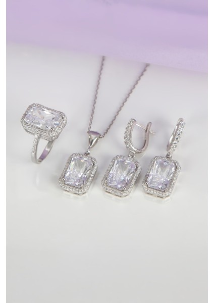 925 Ayar Gümüş Zirkon Taşlı Rodyumlu Bayan Takı Seti