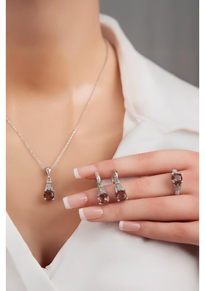 925 Ayar Gümüş Zultanit Taşlı Rodyumlu Bayan Takı Seti fiyatları