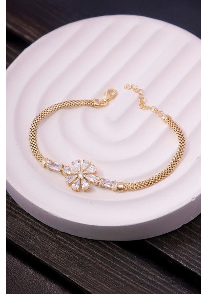 925 Ayar Gümüş Baget Taşlı Altın Kaplama Lotus Küp Zincir Bayan Bileklik