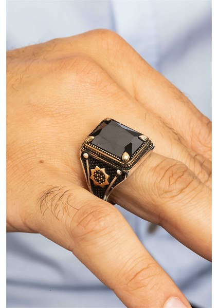 Dikdörtgen Siyah Oniks Taşlı Yıldız Desenli Gümüş Erkek Yüzük fiyatları