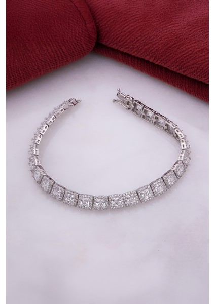 925 Ayar Gümüş Rodyumlu Zirkon Taşlı Kare Bayan Bileklik