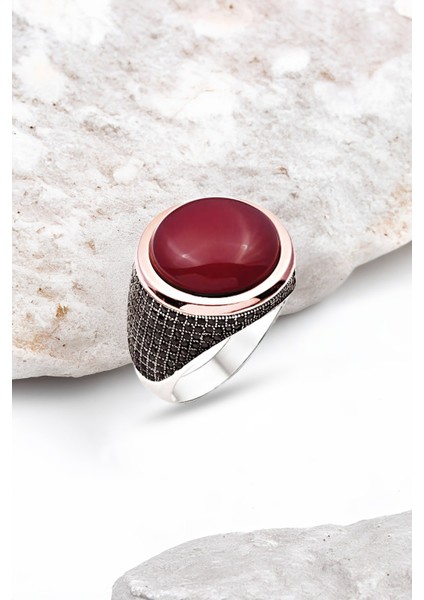 Gümüş Akik Kapşon Taşlı Erkek Yüzük