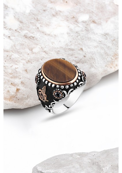 Düz Kaplan Gözü Taşlı Gümüş Erkek Yüzük