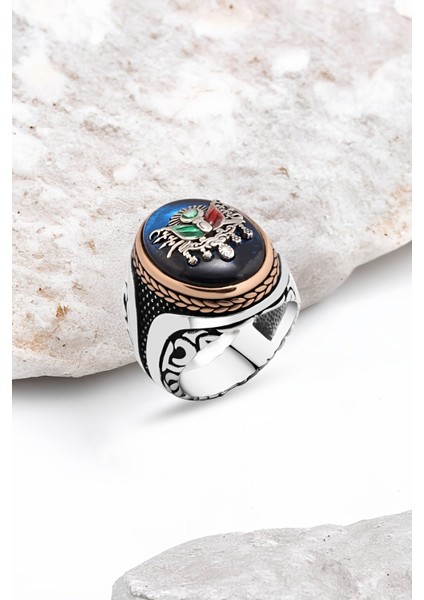 Sentetik Kehribar Mineli Osmanlı Devlet Armalı Gümüş Erkek Yüzük