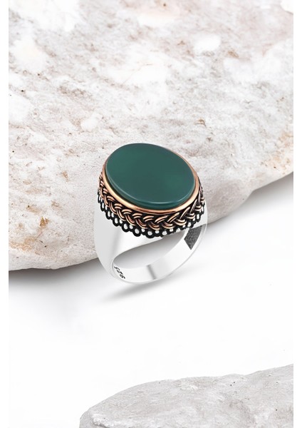 Düz Yeşil Akik Taşlı Gümüş Erkek Yüzük