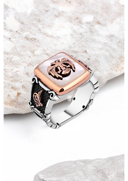 Sedef Taş Üzeri Çift Başlı Kartal Gümüş Erkek Yüzük