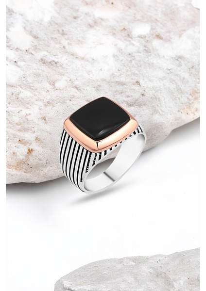 Düz Onix Taşlı Gümüş Erkek Yüzük