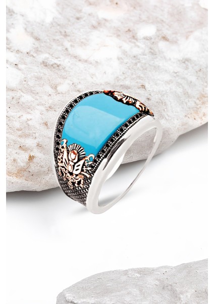 Gümüş Özel Kesim Sıkma Turkuaz Osmanlı Armalı Erkek Yüzük