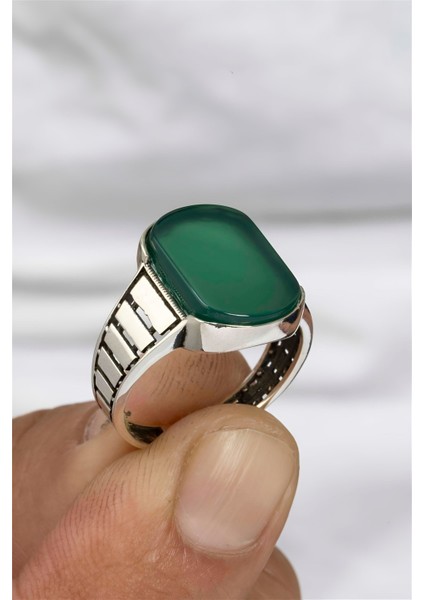 Yeşil Akik Taşlı Kordon Motifli Gümüş Serçe Parmak Erkek Yüzük