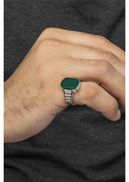 Yeşil Akik Taşlı Kordon Motifli Gümüş Serçe Parmak Erkek Yüzük fiyatları