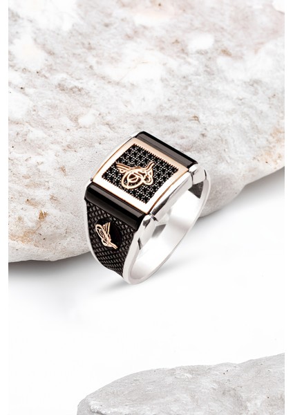 Gümüş Siyah Zirkon Üzeri Akik Taş Detaylı Erkek Yüzük