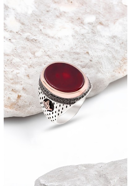 Gümüş Akik Taşlı İşlemeli Erkek Yüzük