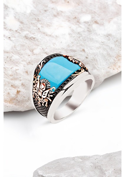 ​Gümüş Özel Kesim Sıkma Turkuaz Osmanlı Armalı Erkek Yüzük