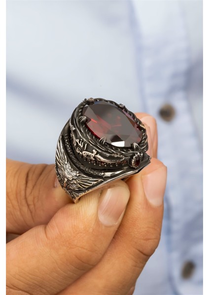 Kırmızı Zirkon Taşlı Kartal Ve Kılıç Motifli Gümüş Erkek Yüzük