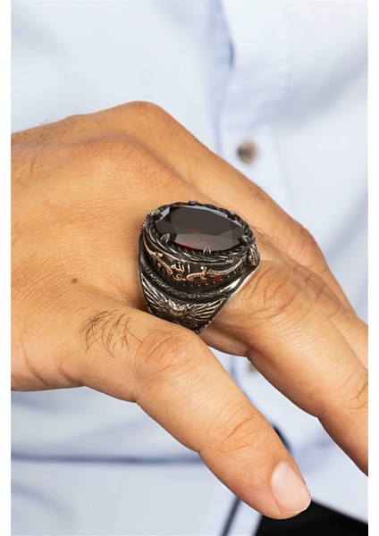 Kırmızı Zirkon Taşlı Kartal Ve Kılıç Motifli Gümüş Erkek Yüzük fiyatları