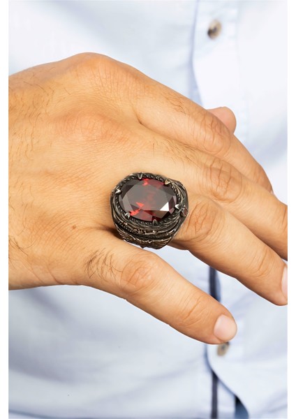 Kırmızı Zirkon Taşlı Kartal Ve Kılıç Motifli Gümüş Erkek Yüzük modelleri