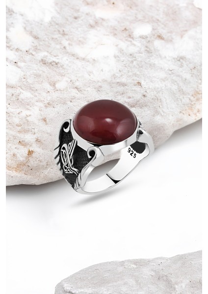 Kapşon Akik Taşlı Gümüş Erkek Yüzük