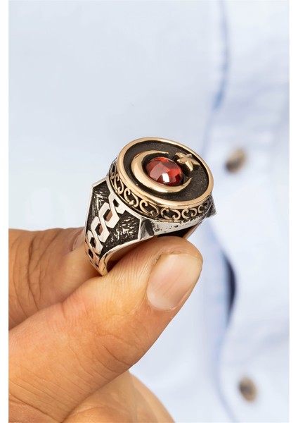 Yuvarlak Kırmızı Zirkon Taşlı Ay Yıldızlı Gümüş Erkek Yüzük