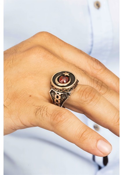 Yuvarlak Kırmızı Zirkon Taşlı Ay Yıldızlı Gümüş Erkek Yüzük fiyatları