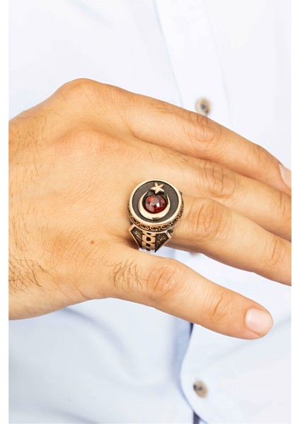 Yuvarlak Kırmızı Zirkon Taşlı Ay Yıldızlı Gümüş Erkek Yüzük modelleri