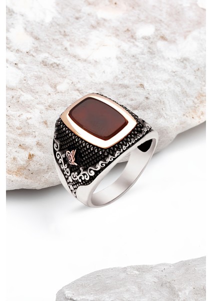 Gümüş Akik Taşlı Yanları Osmanlı Tuğralı Erkek Yüzük