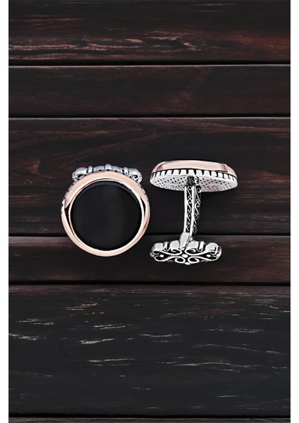 Gümüş Onix Taşlı Yuvarlak Tasarım Kol Düğmesi