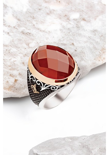 ​​​​Gümüş Özel Kesim Fasetli Akik Taş Osmanlı Tuğralı Erkek Yüzük