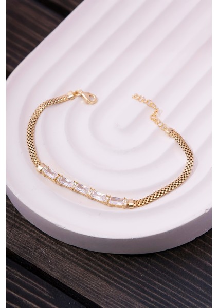 925 Ayar Gümüş Altın Kaplama Baget Taşlı Küp Zincir Bayan Bileklik