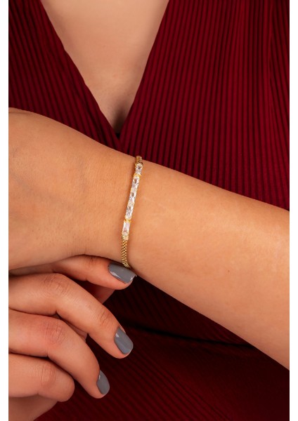 925 Ayar Gümüş Altın Kaplama Baget Taşlı Küp Zincir Bayan Bileklik fiyatları