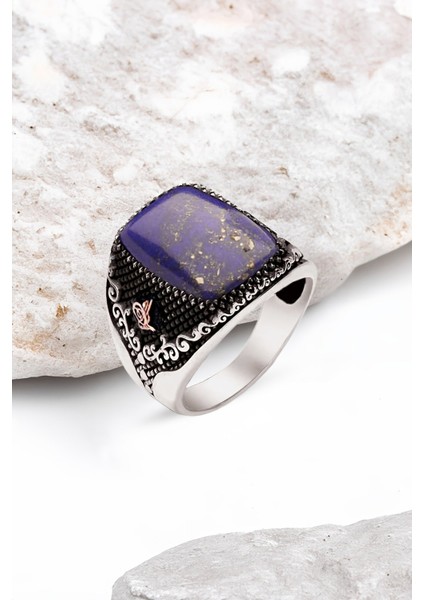 Gümüş Sıkma Lapis Taşlı Yanları Tuğralı Erkek Yüzük