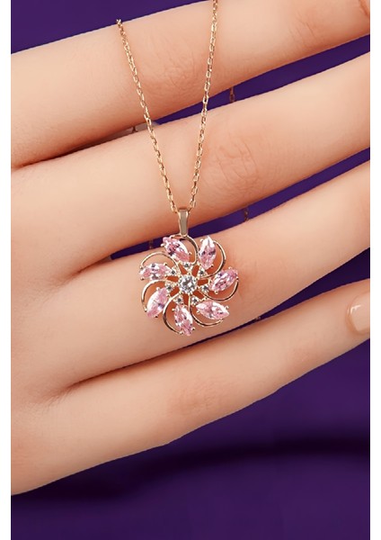 Pembe Zirkon Taşlı Rose Renk 925 Ayar Gümüş Rüzgar Gülü Bayan Kolye fiyatları