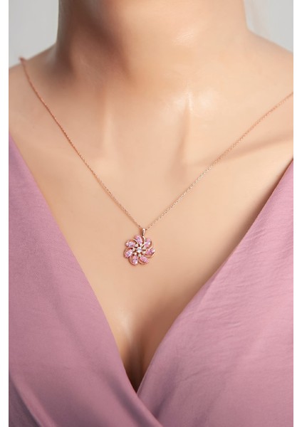 Pembe Zirkon Taşlı Rose Renk 925 Ayar Gümüş Rüzgar Gülü Bayan Kolye modelleri