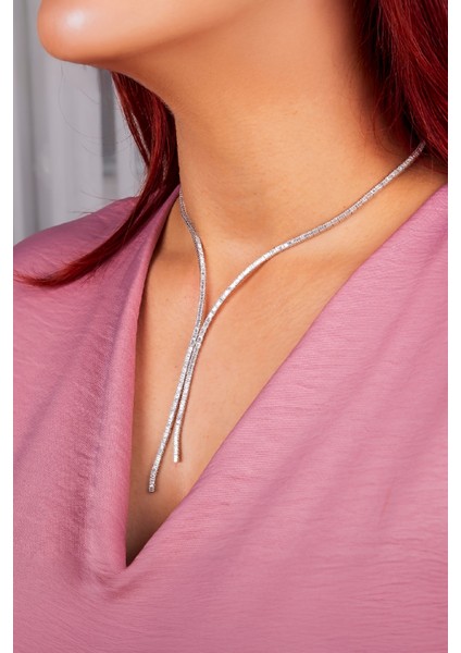 925 Ayar Gümüş Full Zirkon Taşlı Çift Sıra Su Yolu Baget Bayan Kolye fiyatları