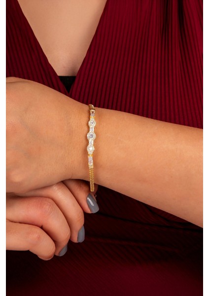 925 Ayar Gümüş Baget Taşlı Altın Renk Çiçek Motifli Küp Zincir Bayan Bileklik fiyatları