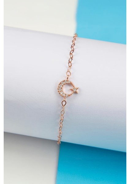Rose Renk Zirkon Taşlı 925 Ayar Gümüş Minimal Ayyıldız Bayan Bileklik