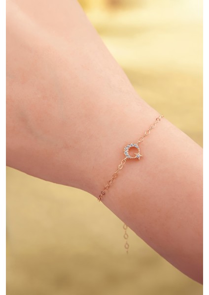 Rose Renk Zirkon Taşlı 925 Ayar Gümüş Minimal Ayyıldız Bayan Bileklik fiyatları