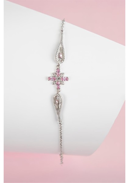 Pembe Zirkon Taşlı Rodyumlu 925 Ayar Gümüş Çiçek Bayan Bileklik