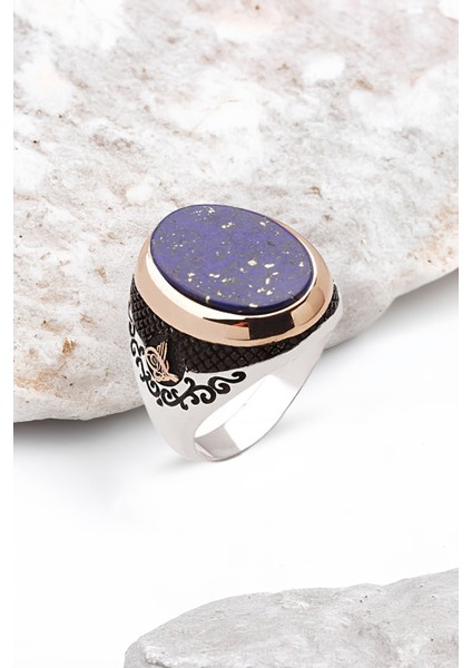 ​Gümüş Sıkma Lapis Taşlı Osmanlı Tuğralı Erkek Yüzük
