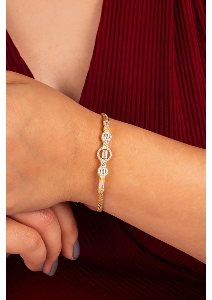 925 Ayar Gümüş Altın Kaplama Triple Baget Taşlı Bayan Bileklik fiyatları