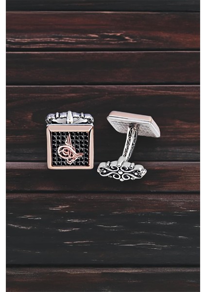 Gümüş Siyah Zirkon Taşlı Osmanlı Tuğralı Kol Düğmesi