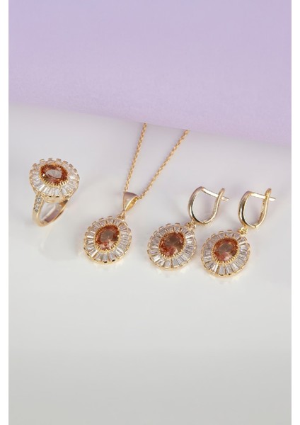 Zultanit Ve Baget Zirkon Taşlı Altın Kaplama 925 Ayar Gümüş Bayan Takı Seti