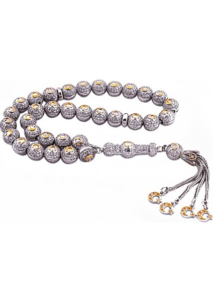 Gümüş Ay Yıldız Taneli Tesbih