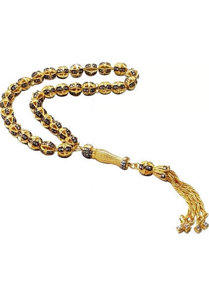 Siyah Zirkon Taşlı Altın Renk Gümüş Tesbih