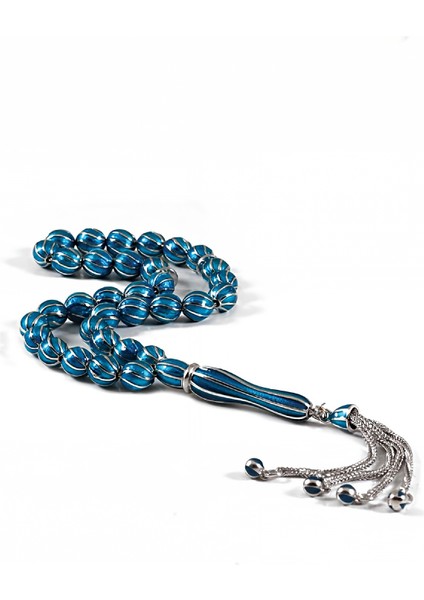 Koyu Turkuaz Mineli Gümüş Tesbih