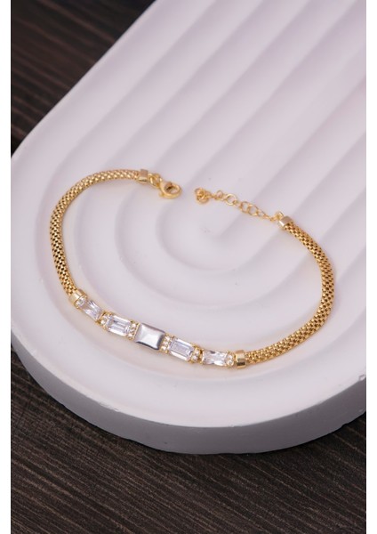 925 Ayar Gümüş Baget Taşlı Altın Kaplama Ortası Düz Triple Bayan Bileklik